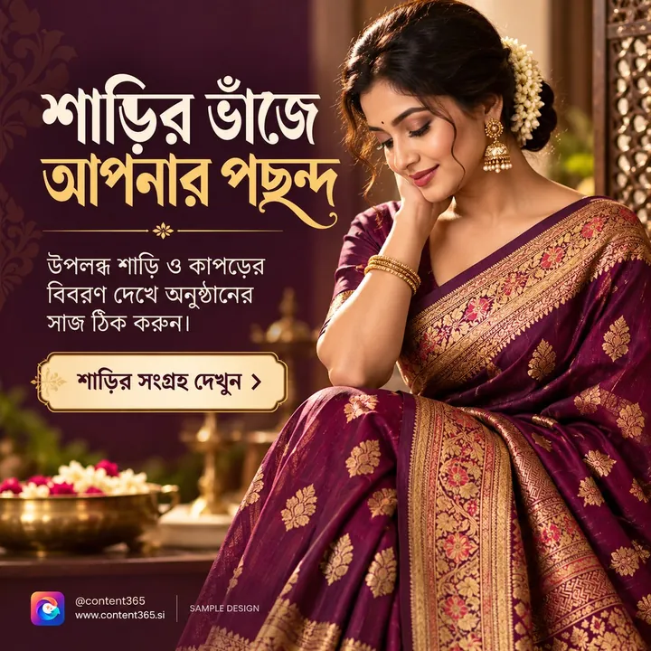 A sample saree boutique post with the Bengali headline "Your choice in the drape of the saree", showing a woman in a plum saree with a golden border