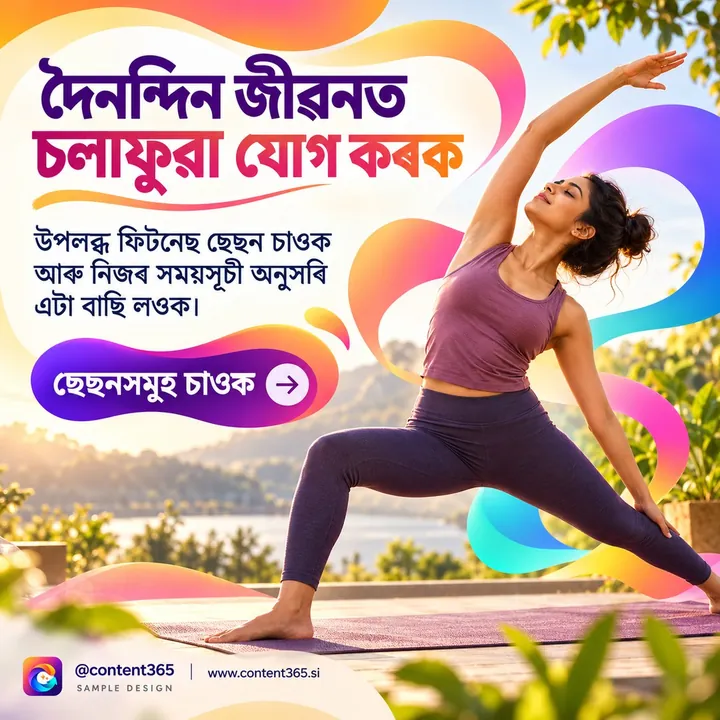 Sample design for a made-up fitness and yoga studio: woman in a lunge by a lake with flowing colours; Assamese headline "Add movement to daily life"