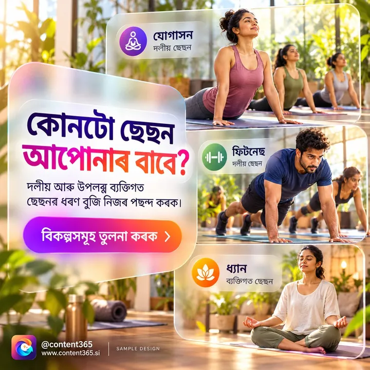 Sample design for a made-up yoga and fitness studio: glass panels of a yoga class, a fitness class and meditation; Assamese headline "Which session is for you?"
