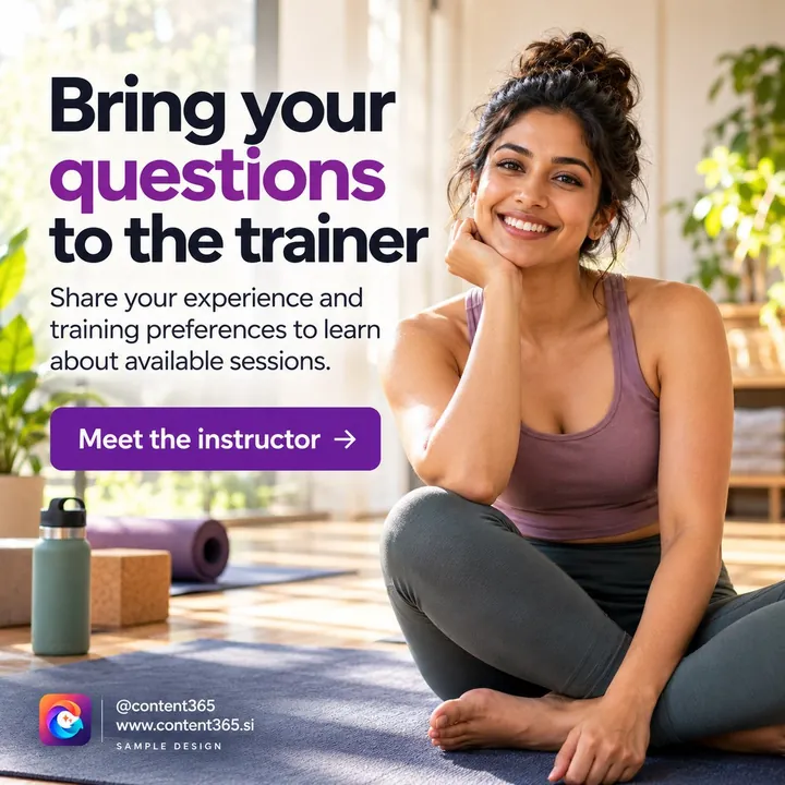 A sample design for a made-up yoga studio: a smiling woman sitting cross-legged on a mat, headline Bring your questions to the trainer