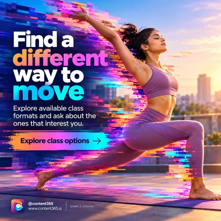 A sample design for a made-up fitness studio: a woman in a deep lunge on a rooftop mat, headline Find a different way to move