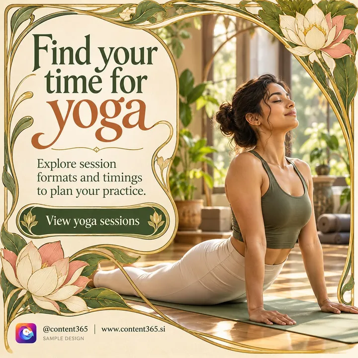 A sample design for a made-up yoga studio: a woman in cobra pose framed by gold lines and lotus flowers, headline Find your time for yoga