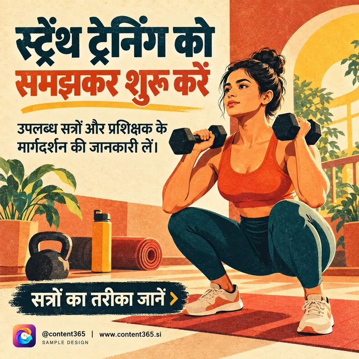 A sample gym post with the Hindi headline "Start strength training with understanding", showing a woman squatting with dumbbells beside a kettlebell