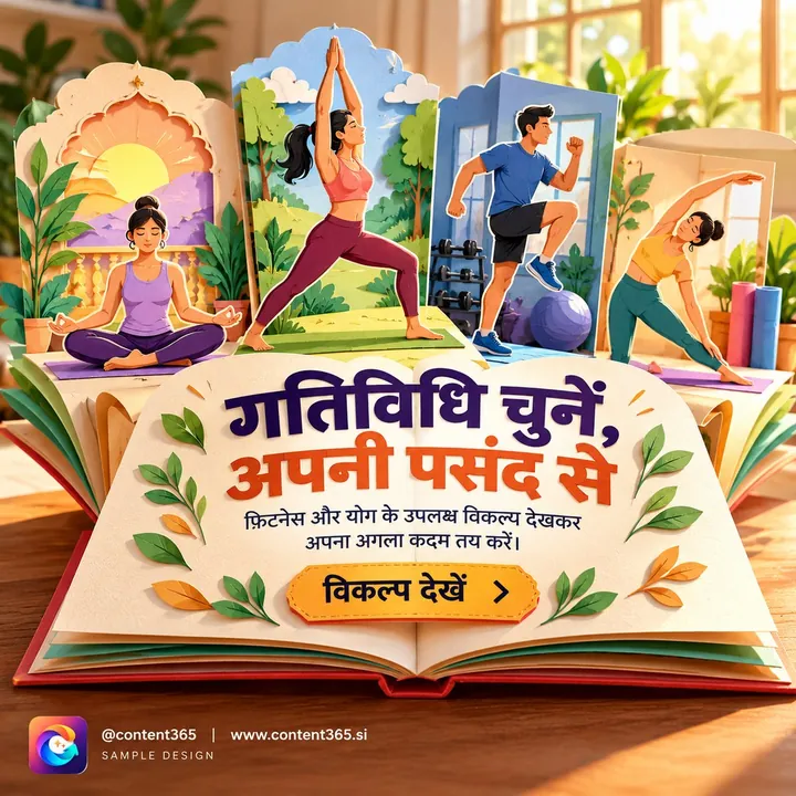 A sample design for a made-up yoga studio: a pop-up book scene of paper figures meditating and stretching, Hindi headline Choose an activity, as you like