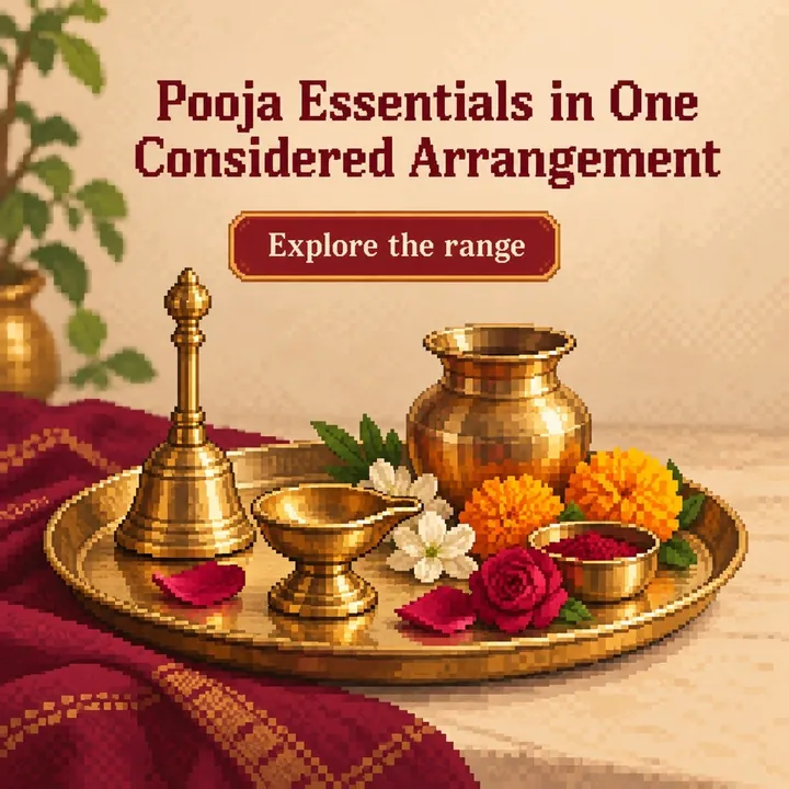 A sample design for a made-up pooja-product shop, with the headline "Pooja Essentials in One Considered Arrangement", showing a brass diya, bell and small bowls with marigolds on a tray