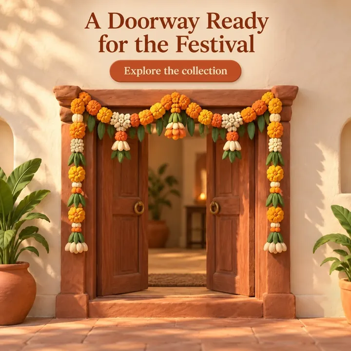 A sample design for a made-up festival-decoration business: a marigold garland around a carved wooden doorway, with the headline A Doorway Ready for the Festival
