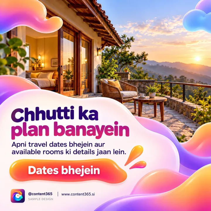 A homestay post in Hinglish headed Chhutti ka plan banayein, showing a balcony with a hill view at sunset