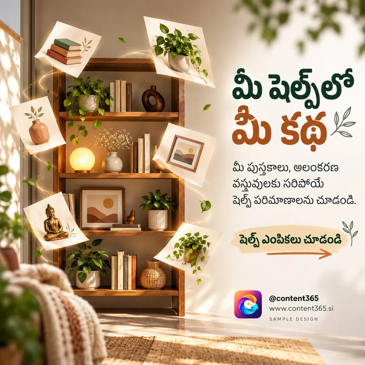 A sample design for a made-up shelving and storage shop: a wooden bookshelf with books, plants, a lamp and frames, Telugu headline "Your story on your shelf"