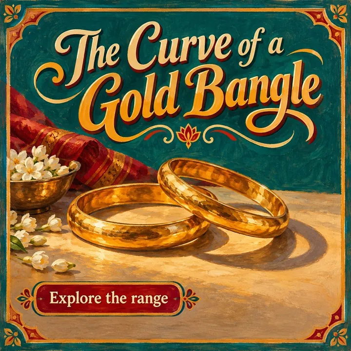 A sample jewellery post, "The Curve of a Gold Bangle": two gold bangles beside jasmine flowers and red silk