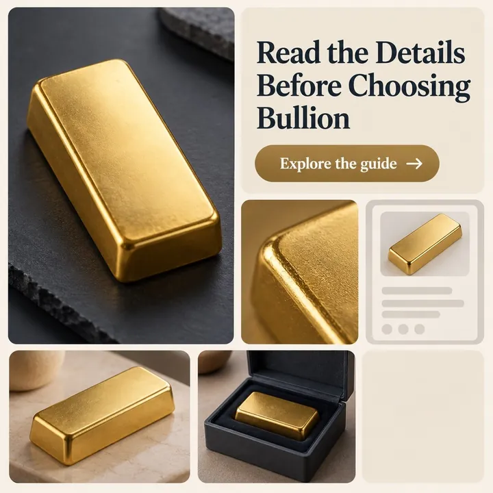 A sample jewellery post, "Read the Details Before Choosing Bullion": gold bars shown in close-ups and a gift box