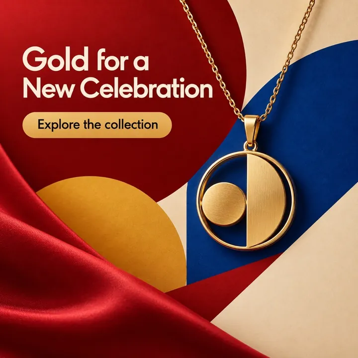 A sample jewellery post, "Gold for a New Celebration": a round gold pendant on a chain against red, blue and gold shapes