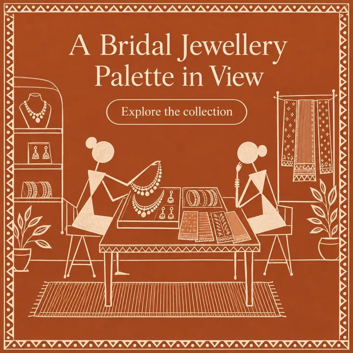 A sample jewellery post, "A Bridal Jewellery Palette in View": a line illustration of two women choosing bridal necklaces and fabrics at a table
