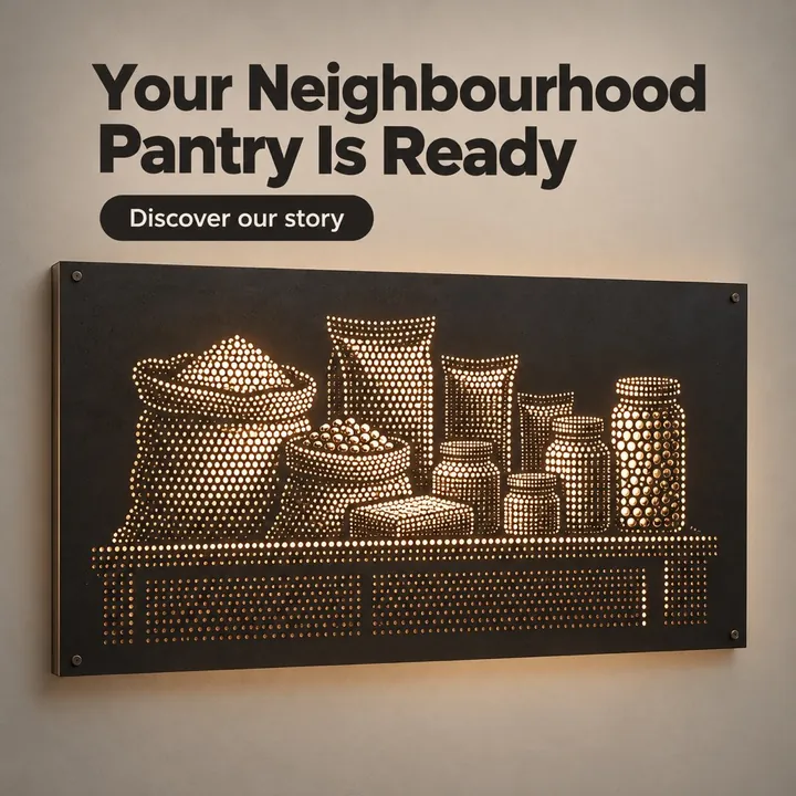 A sample design for a made-up grocery and kirana store with the headline Your Neighbourhood Pantry Is Ready, over a glowing dotted panel of sacks and jars