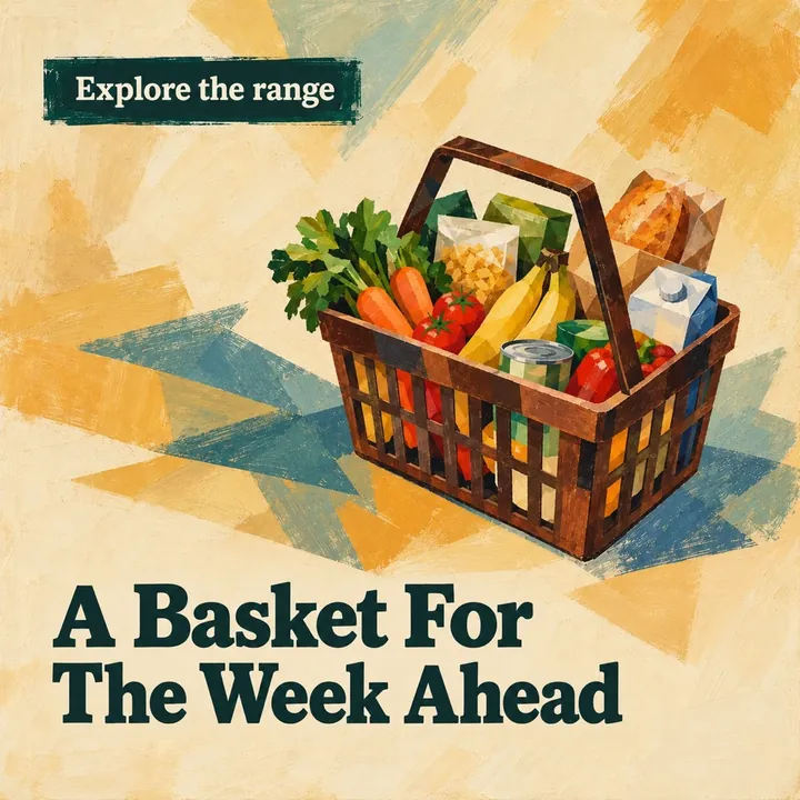 A sample design for a made-up supermarket with the headline A Basket For The Week Ahead, showing a basket of vegetables, bananas, bread and milk