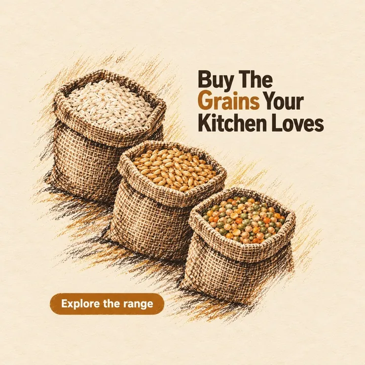 A sample design for a made-up grain and pulse merchant with the headline Buy The Grains Your Kitchen Loves, showing three burlap sacks of rice, grain and lentils