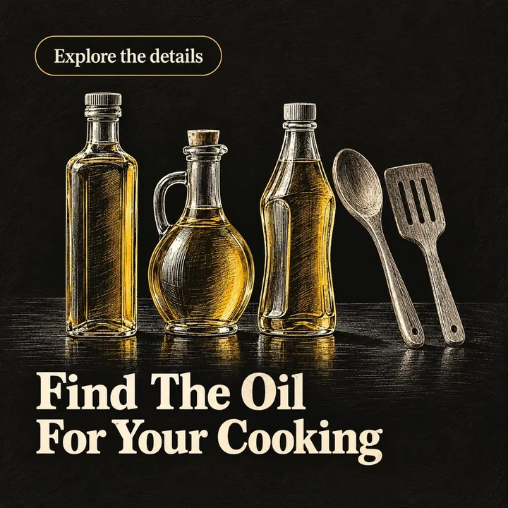 A sample design for a made-up cooking-oil merchant with the headline Find The Oil For Your Cooking, showing three oil bottles beside a wooden spoon and spatula