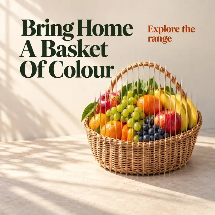 A sample design for a made-up fruit and vegetable seller with the headline Bring Home A Basket Of Colour, showing a wicker basket of fresh fruit