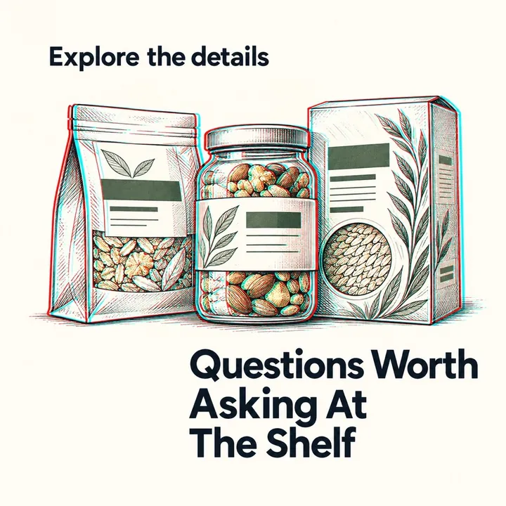 A sample design for a made-up organic-food shop with the headline Questions Worth Asking At The Shelf, showing a pouch, a jar of nuts and a box in line-drawing style