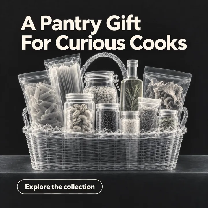 A sample design for a made-up specialty-food shop with the headline A Pantry Gift For Curious Cooks, showing a gift basket of pasta, jars and oil