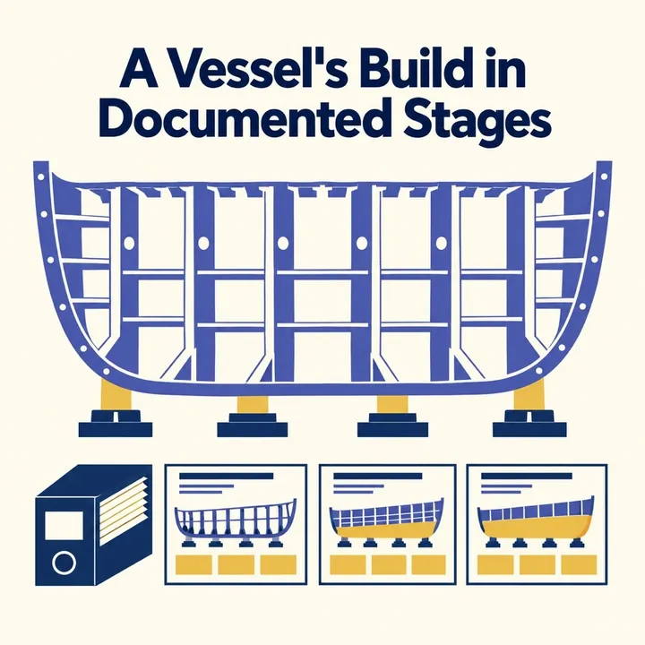 A shipbuilding post headed A Vessel's Build in Documented Stages, showing a hull drawn in sections
