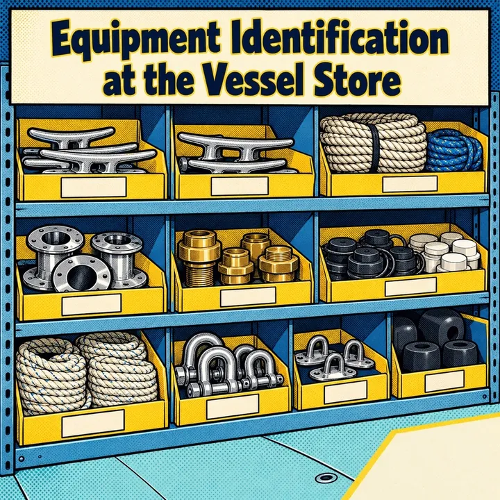 A marine store post headed Equipment Identification at the Vessel Store, showing labelled bins of ropes and fittings
