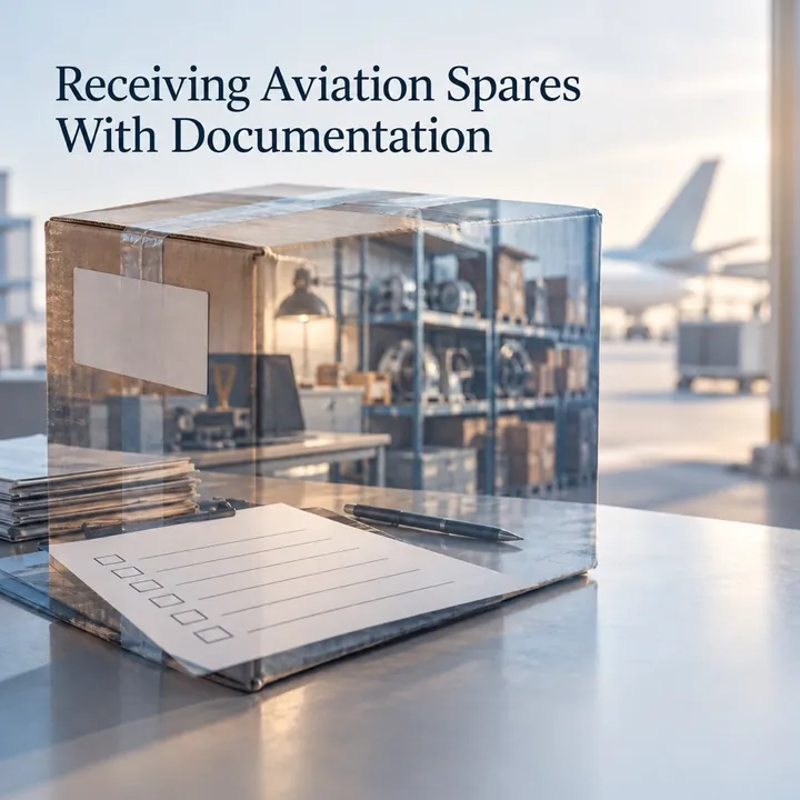 A sample design for a made-up aviation-spares supplier with the headline Receiving Aviation Spares With Documentation: a boxed part beside a checklist