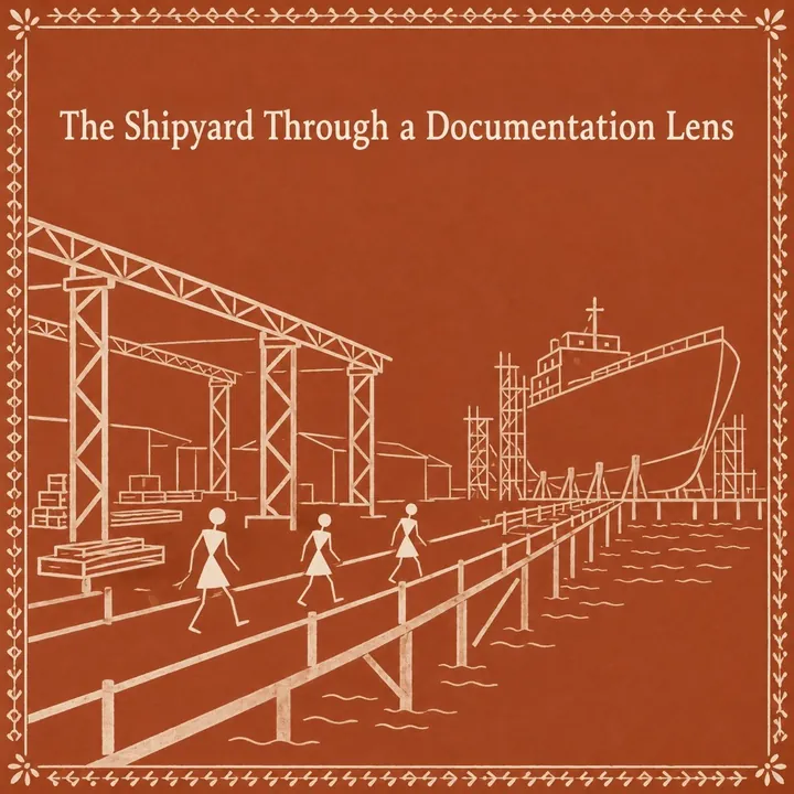 A sample design for a made-up boat and shipbuilding business with the headline The Shipyard Through a Documentation Lens: a line drawing of a shipyard on rust red