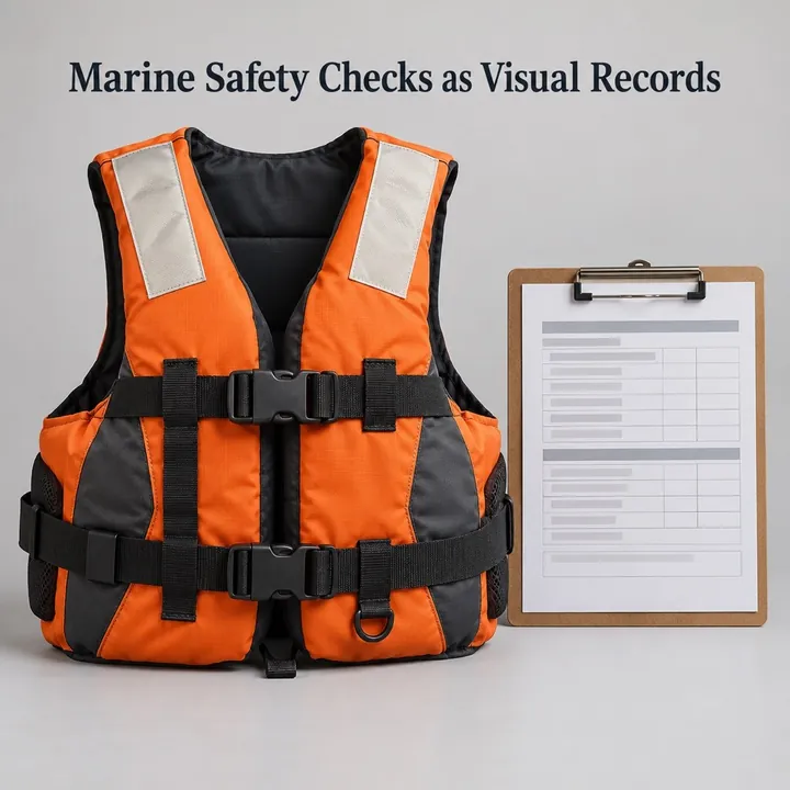 A sample design for a made-up marine safety-equipment business with the headline Marine Safety Checks as Visual Records: an orange life jacket beside a clipboard