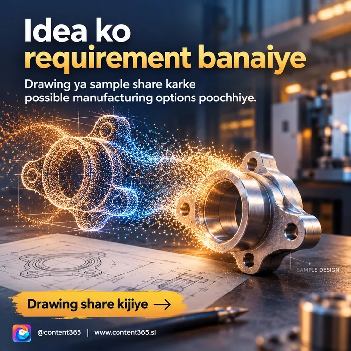 A sample design for a made-up custom manufacturing workshop, Ideas Becoming Physical Parts: a glowing machined-part outline turning into a metal part, Hinglish headline Turn your idea into a requirement