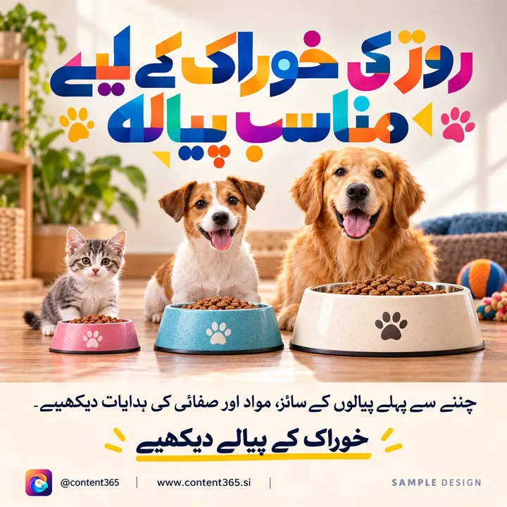 A sample design for a made-up pet shop: a golden retriever, a terrier and a kitten behind three food bowls, Urdu headline The right bowl for daily meals