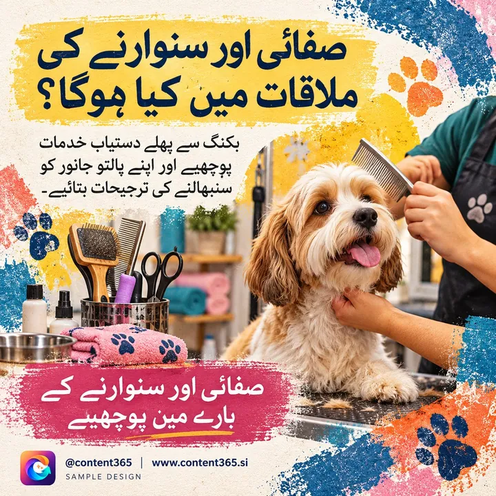 A sample design for a made-up pet grooming salon: a groomer combing a fluffy dog on a grooming table, Urdu headline What happens at a grooming visit?