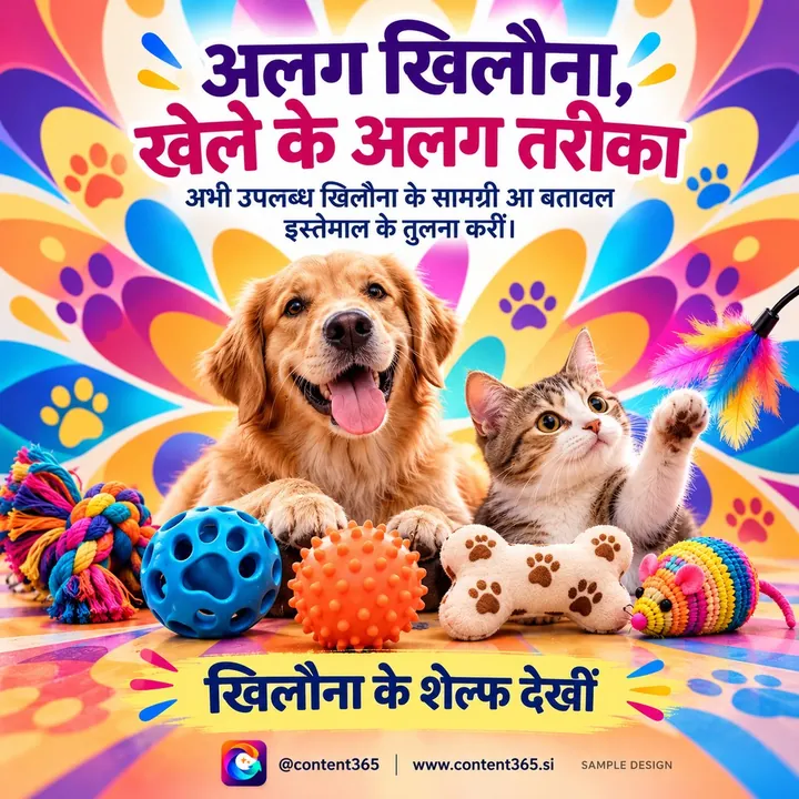 A sample design for a made-up pet shop: a dog and a cat playing among colourful toys, Bhojpuri headline A different toy, a different way to play