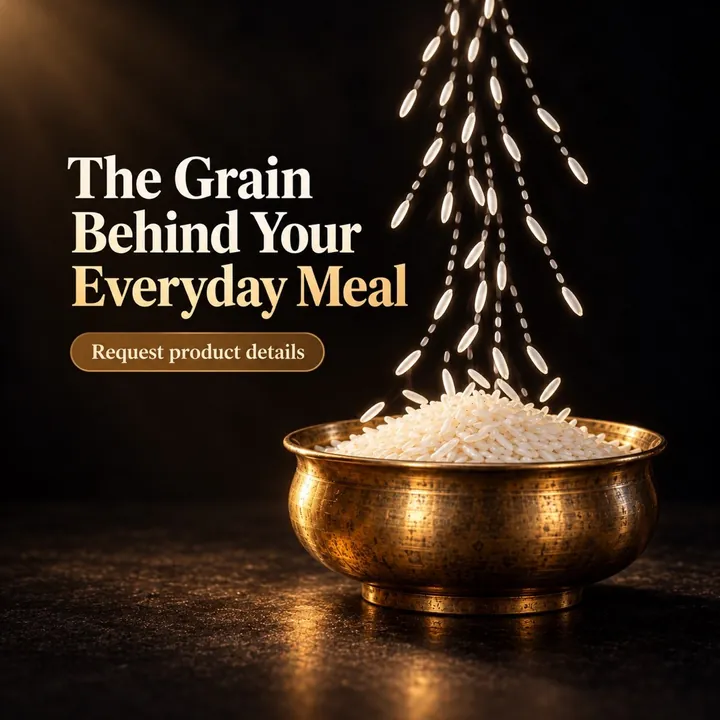 A packaged-food post headed The Grain Behind Your Everyday Meal, showing rice pouring into a brass bowl