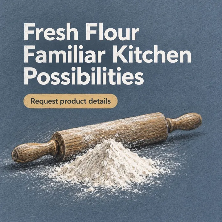 A sample design for a made-up wheat-flour mill: a rolling pin and flour, with the headline Fresh Flour Familiar Kitchen Possibilities