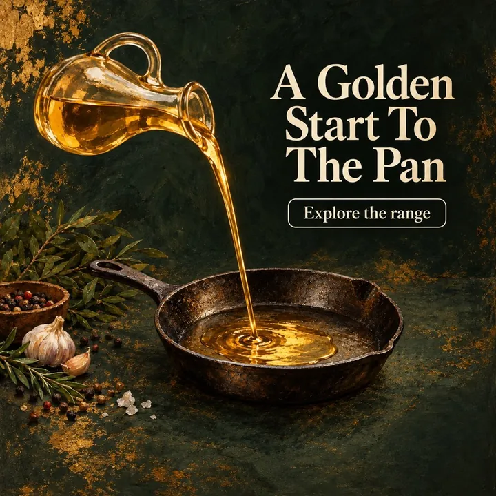 A sample design for a made-up edible-oil brand: golden oil pouring into a cast-iron pan, headline A Golden Start To The Pan