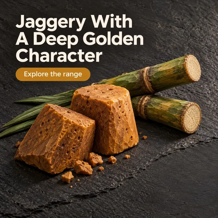A sample design for a made-up jaggery brand: jaggery blocks and sugarcane on dark slate, headline Jaggery With A Deep Golden Character