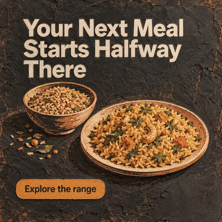 A sample design for a made-up ready-to-cook food business: a bowl of grains and a rice dish, with the headline Your Next Meal Starts Halfway There
