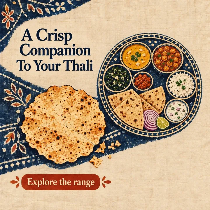 A sample design for a made-up papad business: a papad beside a thali on a patterned cloth, with the headline A Crisp Companion To Your Thali