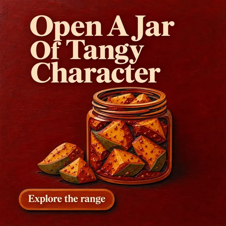 A sample food-products post, "Open A Jar Of Tangy Character": a glass jar of pickle pieces on a deep red background, a different client style