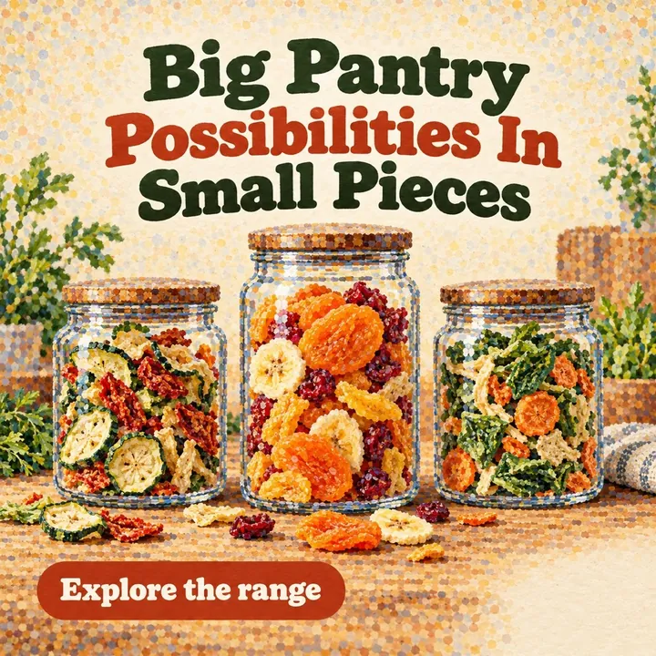 A sample design for a made-up dehydrated fruit and vegetable business: three jars of dried produce, with the headline Big Pantry Possibilities In Small Pieces