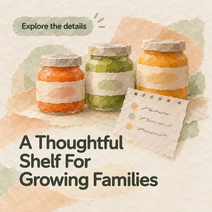 A sample design for a made-up baby-food business: three jars of puree beside a note, with the headline A Thoughtful Shelf For Growing Families