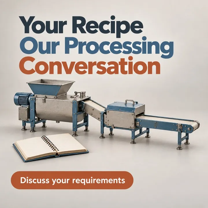 A sample design for a made-up contract food-processing service: processing machines beside a recipe notebook, with the headline Your Recipe Our Processing Conversation