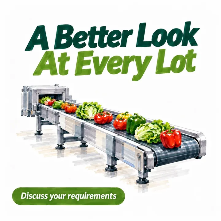 A food-processing post headed A Better Look At Every Lot, showing vegetables on a sorting conveyor