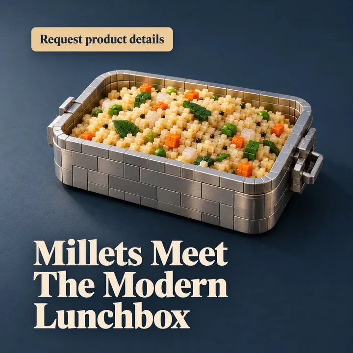A sample design for a made-up millet-processing business: a tray of millet and vegetables, with the headline Millets Meet The Modern Lunchbox