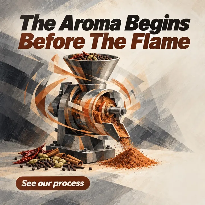 A sample design for a made-up spice-processing business: a spice grinder and whole spices, with the headline The Aroma Begins Before The Flame