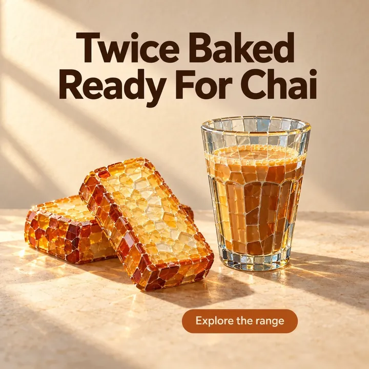 Sample design for a made-up rusk business: golden rusks beside a glass of chai, headline Twice Baked Ready For Chai