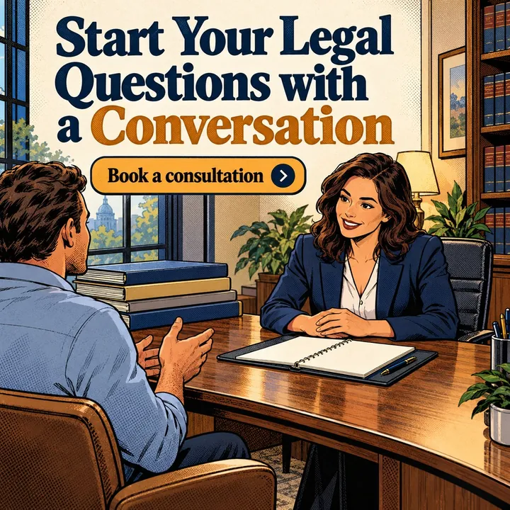 A law firm post headed Start Your Legal Questions with a Conversation, showing a lawyer meeting a client