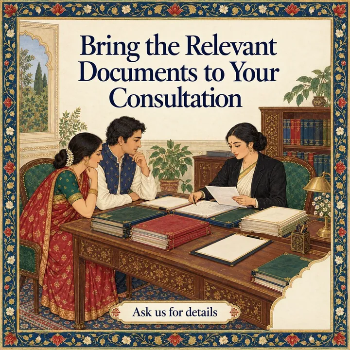A sample illustrated design for a made-up law firm: clients and a lawyer going through papers, with the headline "Bring the Relevant Documents to Your Consultation".