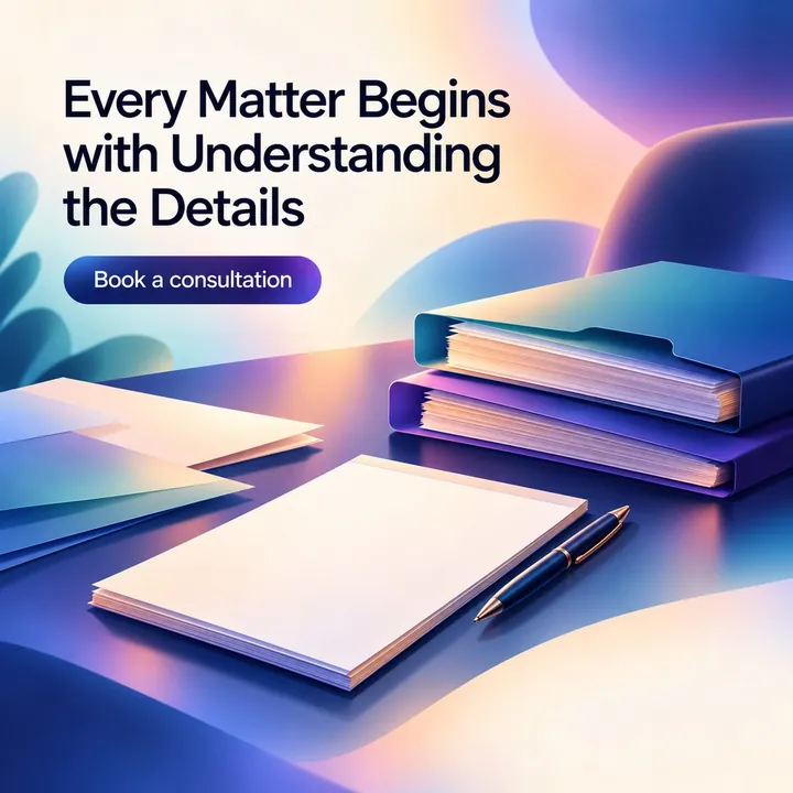 A sample design for a made-up law firm: folders, paper and a pen on a desk, with the headline "Every Matter Begins with Understanding the Details".