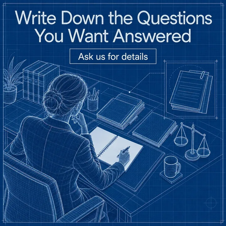 A sample blueprint-style design for a made-up legal practice: a woman writing notes at a desk, with the headline "Write Down the Questions You Want Answered".